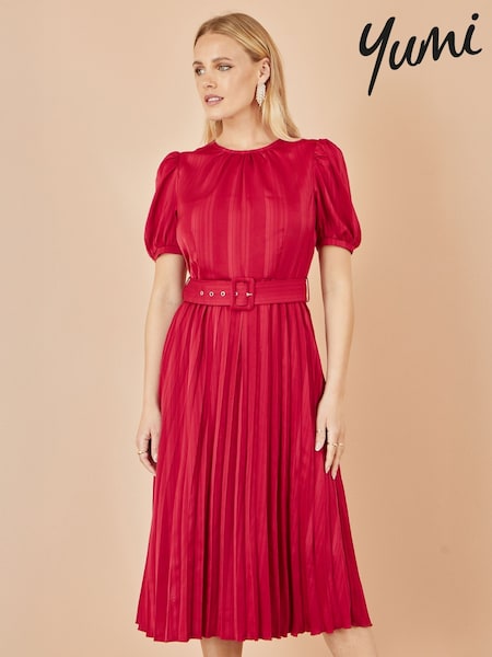Yumi Red Satin Striped Midi Dress With Pleats and Matching Belt (H72345) | £65