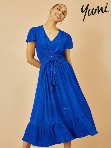 Yumi Blue Button Detail Midi Dress With Ruched Waist And Metallic Thread (H72360) | £60