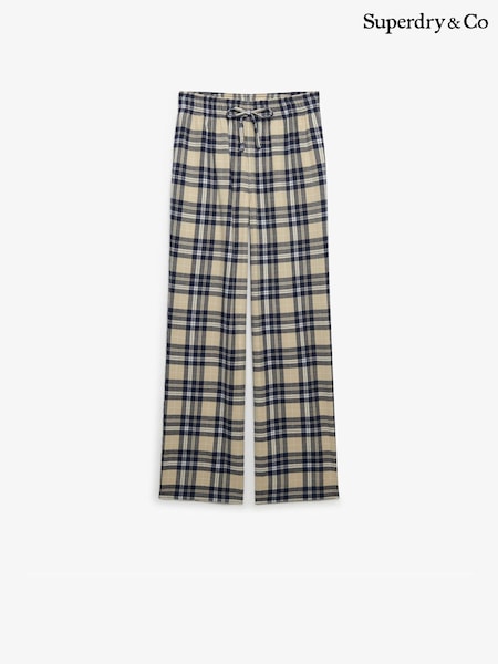 Superdry Cream Navy Cotton Check Elastic Trousers (H72448) | £35