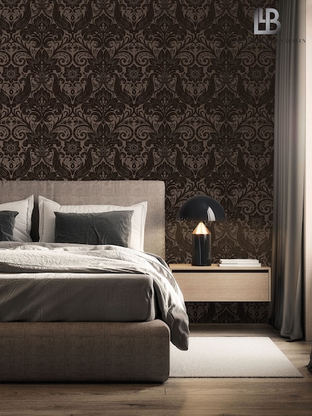 Laurence Llewelyn-Bowen Bronze Brown Damask Sauvage Flock 10M Wallpaper (H72863) | £90
