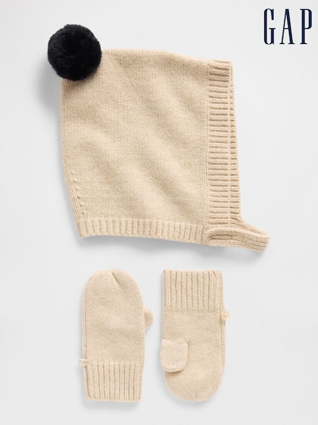 Gap Cream Soft Touch Pom Hat and Mittens Set (12mths-3yrs) (H73961) | £25