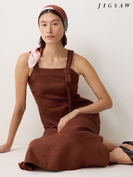Jigsaw Brown Linen Square Neck Dress (H74019) | £180