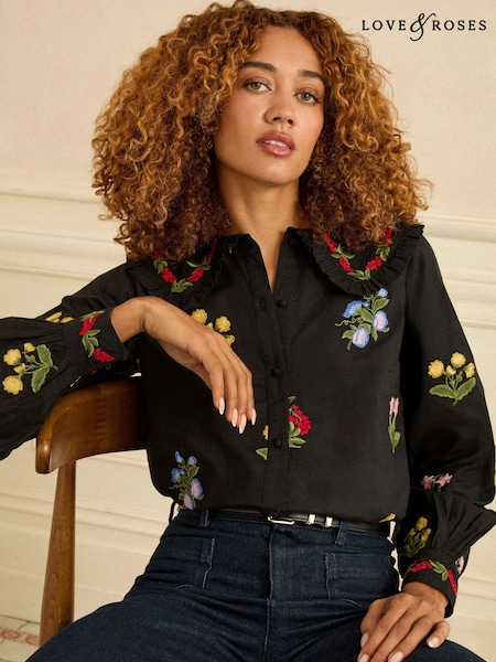 Love & Roses Black Floral Embroidered Collar Blouse (H74079) | £46
