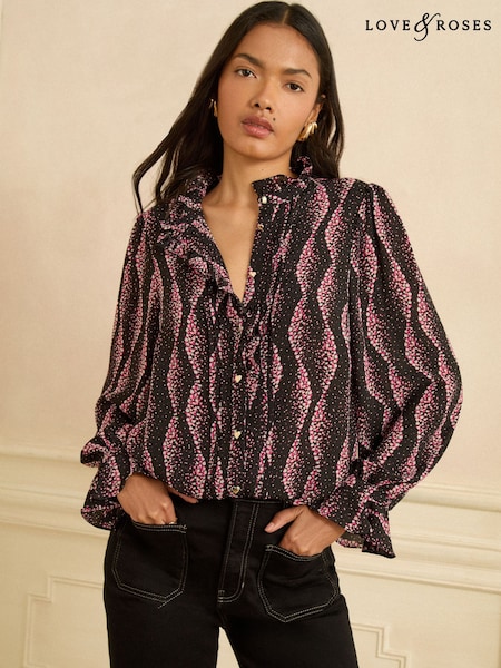 Love & Roses Pink Spot Long Sleeve Frill Detail Blouse (H74086) | £39