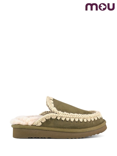 Mou Grey Suede Full Eskimo Sheepskin Lined Stitch Mule Slippers (H74470) | £99
