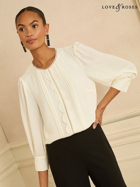 Love & Roses Ivory 3/4 Sleeve Scallop Detail Blouse (H74779) | £36
