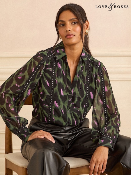 Love & Roses Khaki Green Button Through Long Sleeve Shirt (H74783) | £39