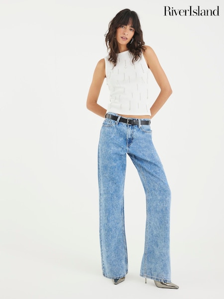 River Island Blue Relaxed High Rise Belted Straight Leg Jeans (H75516) | £54
