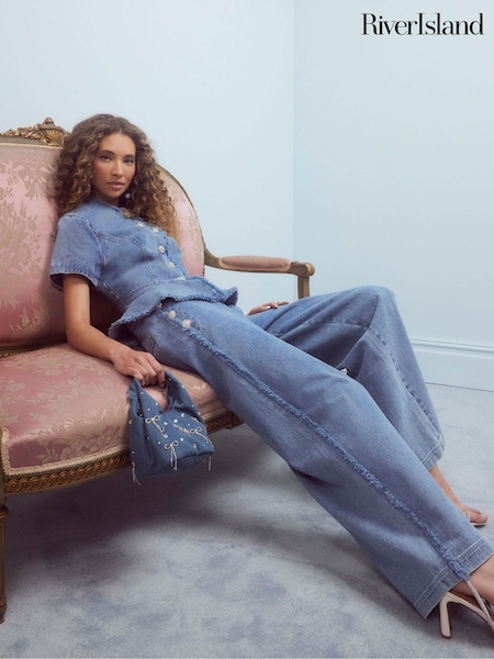 River Island Blue High Rise Diamante Palazzo Jeans (H75524) | £62