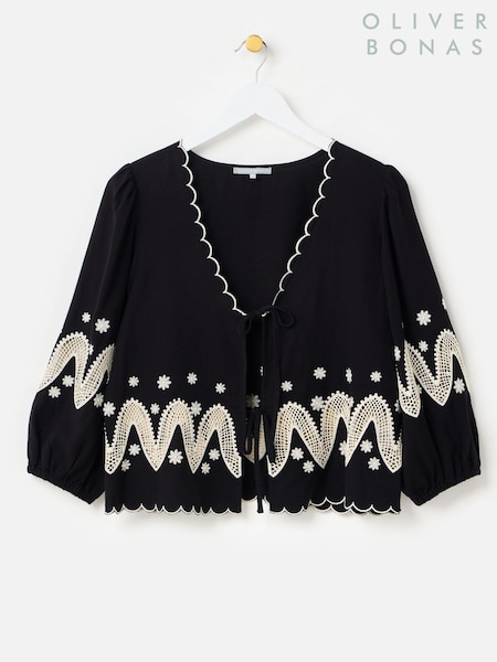 Oliver Bonas Black Cutwork Embroidered Tie Front Blouse (H75546) | £68