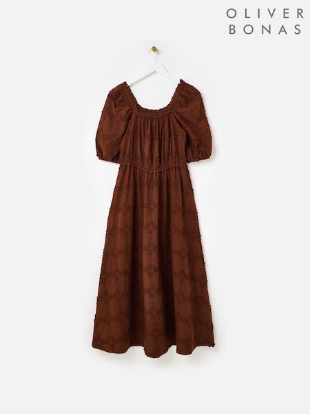 Oliver Bonas Brown 3D Floral Print Broderie Bardot Midi Dress (H75561) | £95