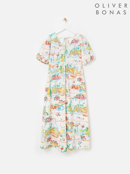 Oliver Bonas White Floral Print Embroidered Fruit Print Puff Sleeve Midi Dress (H75569) | £85