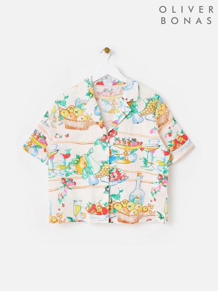 Oliver Bonas White Floral Fruit Print Embroidered Short Sleeve Shirt (H75577) | £60