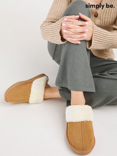 Simply Be Brown Extra Wide Fit Faux Fur Lined Suede Mule Slippers (H75692) | £25