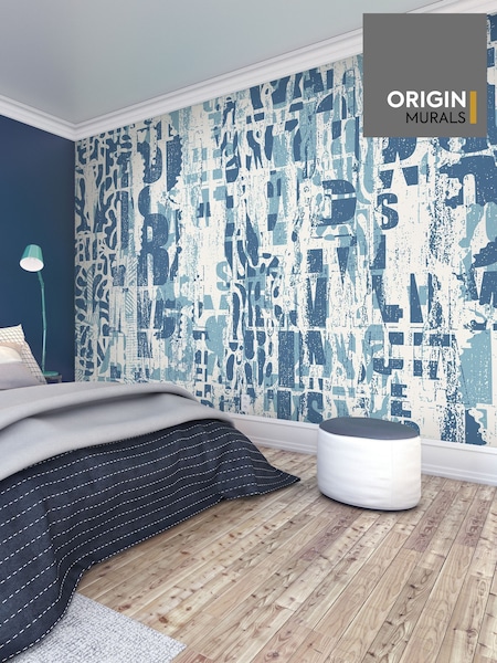 Origin Murals Denim Blue Letterpress Graffiti 3.5M x 2.8M Wall Mural (H75758) | £73