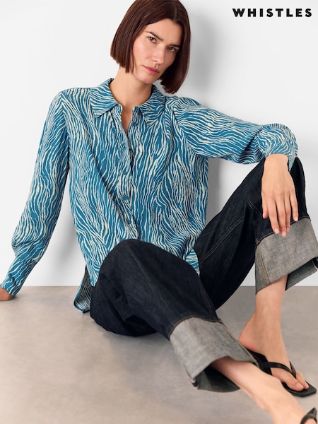 Whistles Blue Zebra Print Button Through Shirt (H75873) | £69