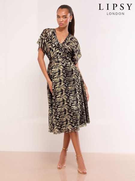 Lipsy Black Metallic Printed V-Neck Fit And Flare Midi Dress (H75976) | £88