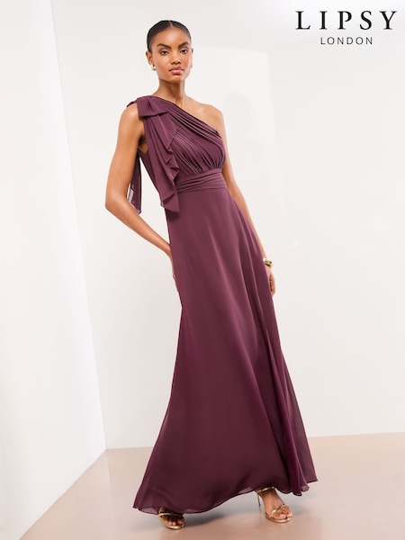 Lipsy Burgundy Red Bow One Shoulder Maxi Wedding Bridesmaid Dress (H75987) | £100