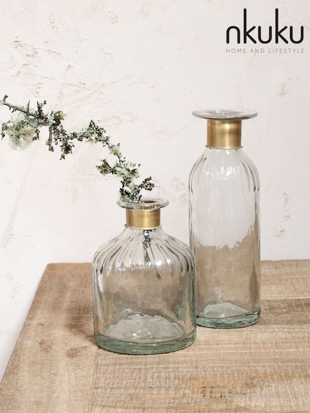 Nkuku Brass Chara Lines Hammered Bottle (H76091) | £28