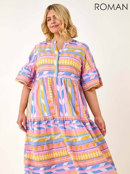 Roman Yellow Curve Stripe Print Boho Tiered Dress (H76312) | £58