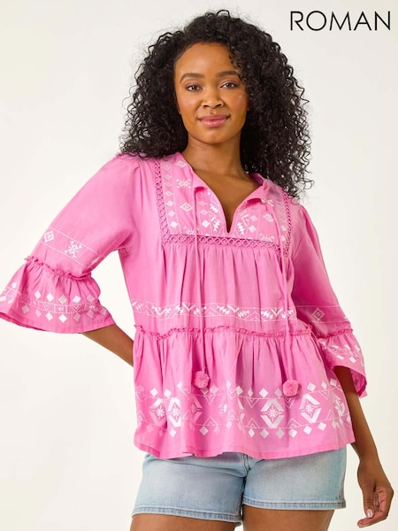 Roman Pink Petite Contrast Print Pom Pom Blouse (H76335) | £42