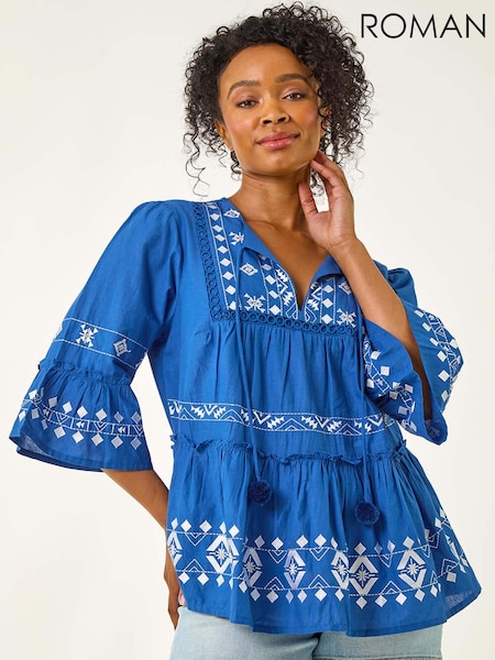 Roman Blue Petite Contrast Print Pom Pom Blouse (H76337) | £42