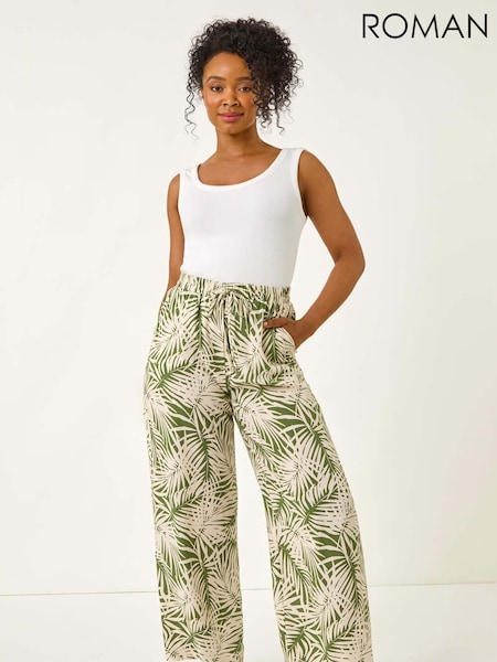 Roman Green Petite Leaf Print Wide Leg Trousers (H76344) | £36