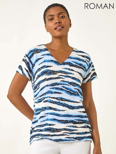 Roman Blue Animal Print Embellished V-Neck Knit Blouse (H76380) | £42