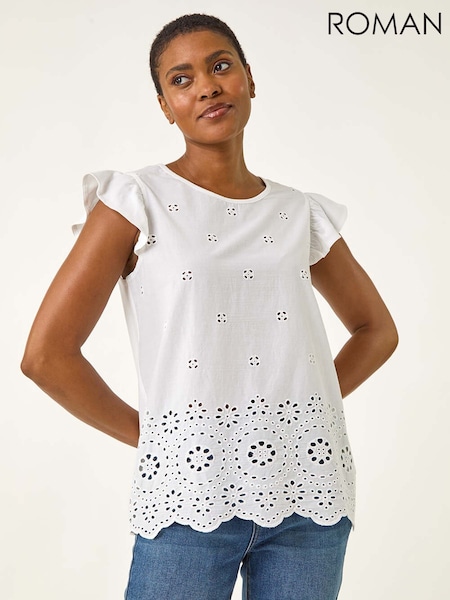 Roman White Broderie Hem Stretch Blouse (H76387) | £32
