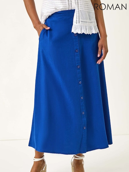 Roman Blue Linen Button Pencil Midi Skirt (H76392) | £42