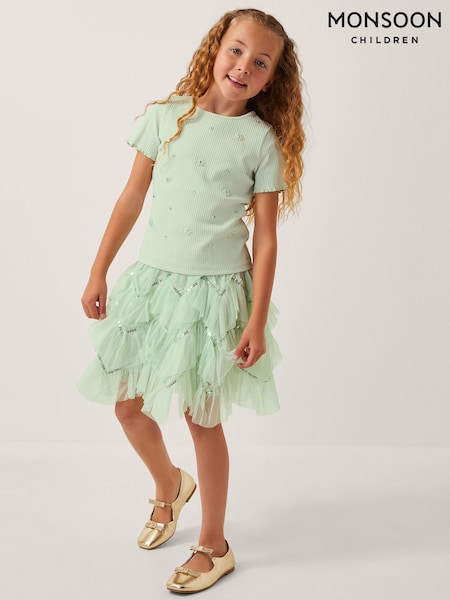 Monsoon Green Embellished T-Shirt & Ruffle Skirt Set (H76487) | £38 - £43