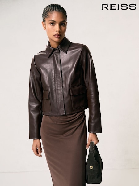 Reiss Chocolate Brown Drew Collared Leather Jacket (H76563) | £380