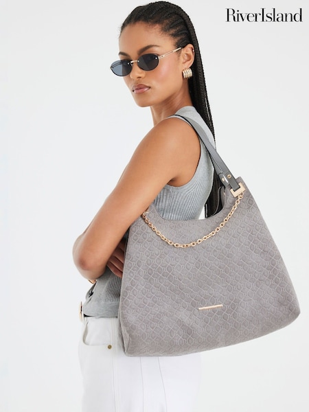 River Island Grey Embossed Chain Slouch Shoulder Bag (H76608) | £44