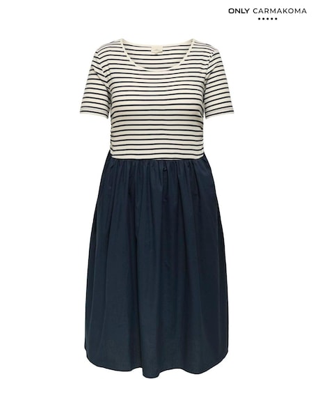 ONLY Curve White 2 In 1 Mixed Stripe Short Sleeve Midi Dress (H76921) | £45
