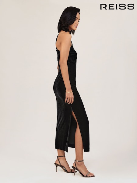Reiss Black Dalia Petite Velvet One-Shoulder Midi Dress (H76922) | £0
