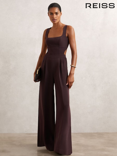 Reiss Burgundy Dion Petite Wide-Leg Cut-Out Jumpsuit (H76929) | £248