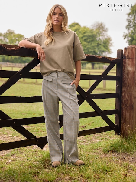 PixieGirl Petite Brown Check Pocket Front Wide Leg Trousers (H77052) | £39