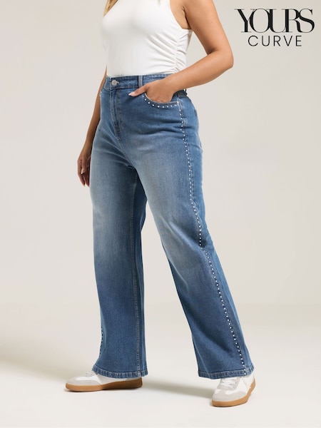 Yours Curve Blue Wide Fit Stud Detail Wide Leg Jeans (H77121) | £37