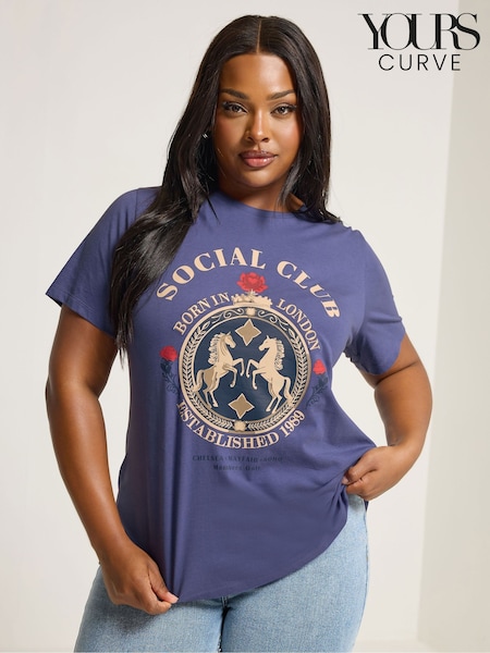 Yours Curve Blue Social Placement Set In Sleeve T-Shirt (H77127) | £20