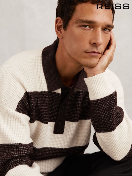 Reiss Chocolate Brown/Off White Horice Waffle-Knit Stripe Half-Button Jumper with Wool (H77228) | £148