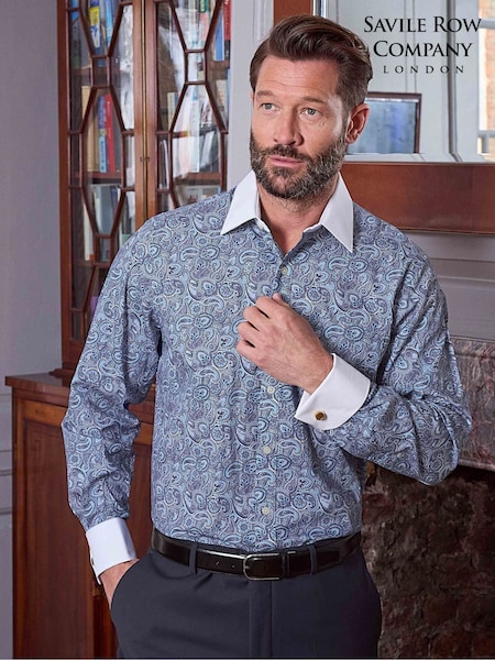 Savile Row Company Blue Double Cuff Paisley Print Classic Fit Cotton Winchester Formal Shirt (H77355) | £55