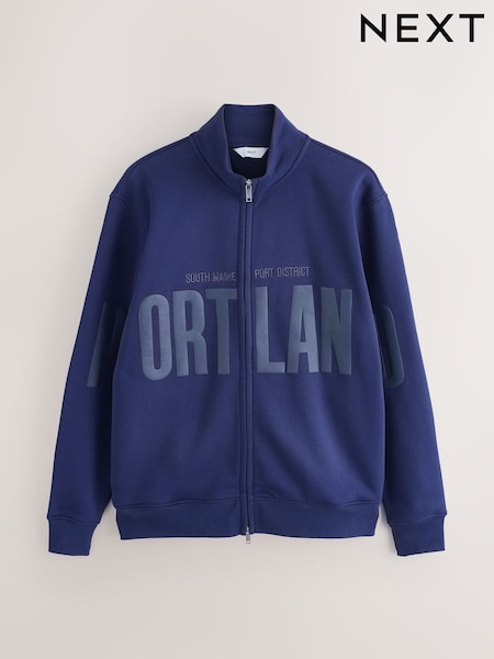 Cobalt Blue Funnel Neck Zip Through with Graphic Print Sweat Top (H77393) | £40