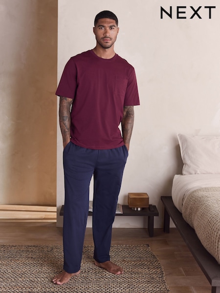 Burgundy Red/Navy Blue Short Sleeve Jersey Pyjamas Set (H77506) | £26