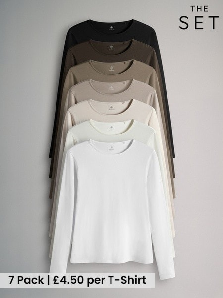 The Set 7 Pack Long Sleeve Crew Neck T-Shirts Chocolate Brown/ Taupe Brown/ Light Brown/ Neutral (H77618) | £31.50
