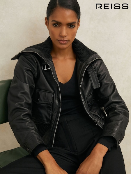 Reiss Black Cici Atelier Leather Rib-Trim Jacket (H77665) | £495