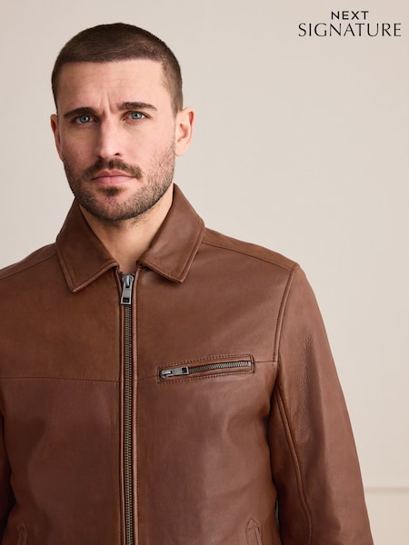 Brown - Regular Smart Signature Leather Zip Up Jacket