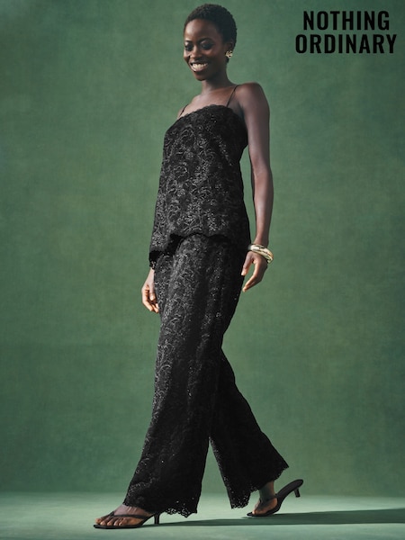 Nothing Ordinary Black Sparkle Lace Wide Leg Trousers (H78164) | £99