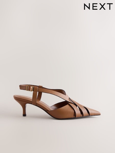 Tan Brown Forever Comfort® Leather Weave Point Toe Slingback Heels (H78264) | £52