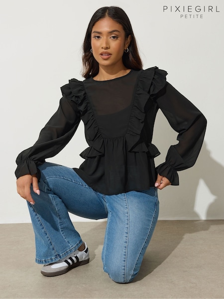 PixieGirl Petite Black Petite Frill Shoulder Long Sleeve Blouse (H78417) | £27