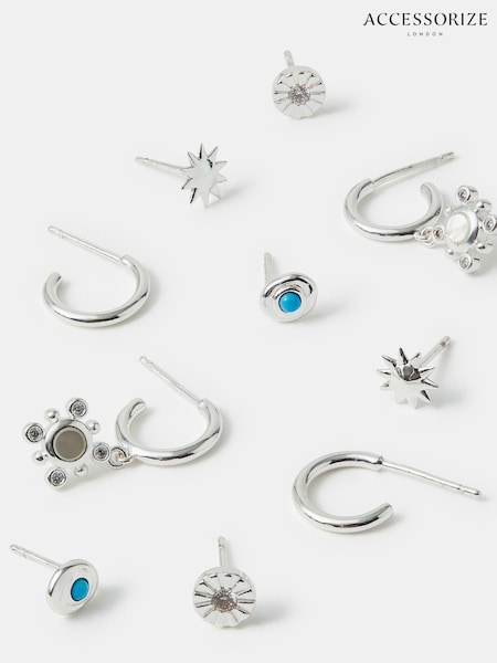 Accessorize Silver Tone Sterling Stone Stud & Hoop Earrings 5 Pack (H78461) | £22